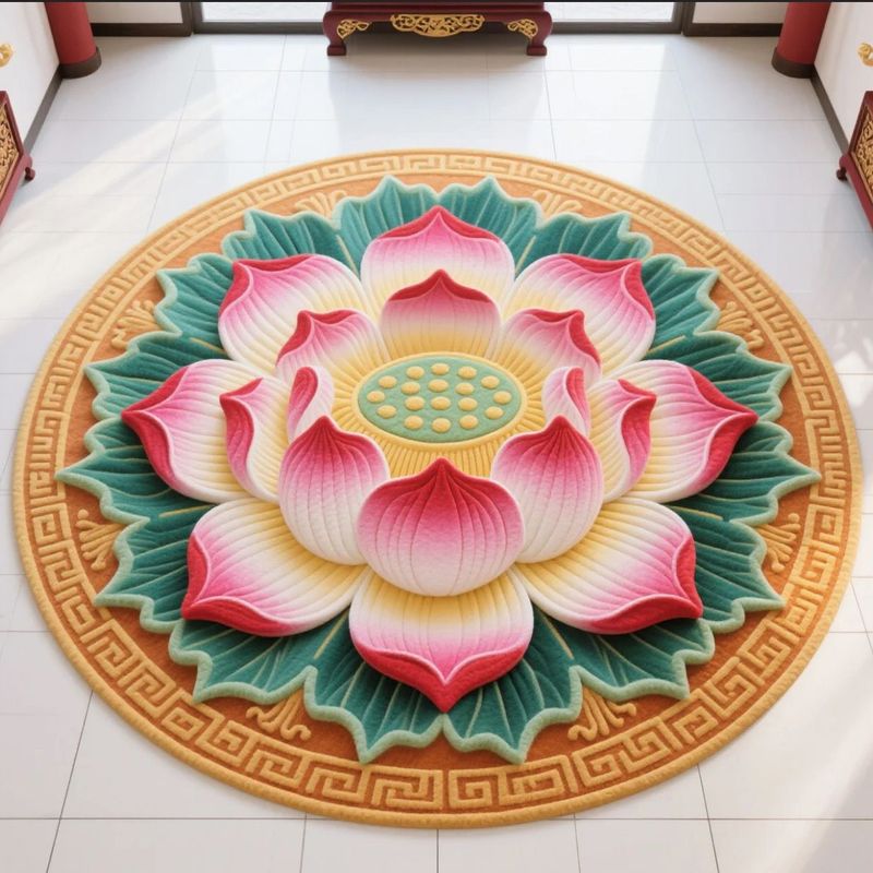 地毯莲花跪拜跪垫圆形立体满铺水晶中式荷花卧室地垫古典客厅家用|undefined