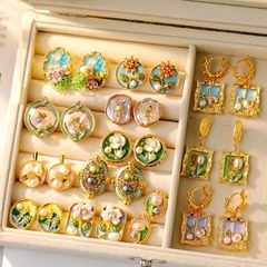 モネ花園油絵風耳飾りバロック天然真珠イヤリング女性手作りdiy起爆中古ピアス