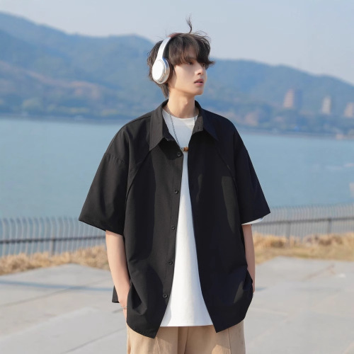 Deconstruction Design Lightweight Luxury Short-Sleeve Shirt for Men Summer Chilled Feeling Striped Solid Color Stiff and Three-Dimensional Ins Five-Sleeve Shirt