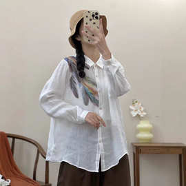 2026夏季新款复古羽毛印花苎麻衬衣女气质翻领长袖宽松衬衫上衣