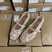 刺绣珍珠网眼芭蕾舞鞋女时尚镂空网纱圆头平底一字扣带玛丽珍单鞋