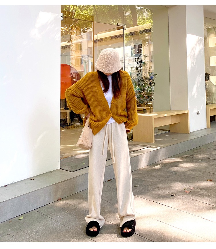Pantalones de pierna ancha de Cachemira de arroz glutinoso para mujer otoño e invierno con forro polar grueso cintura alta adelgazante drapeado Pantalones rectos Casuales image 8