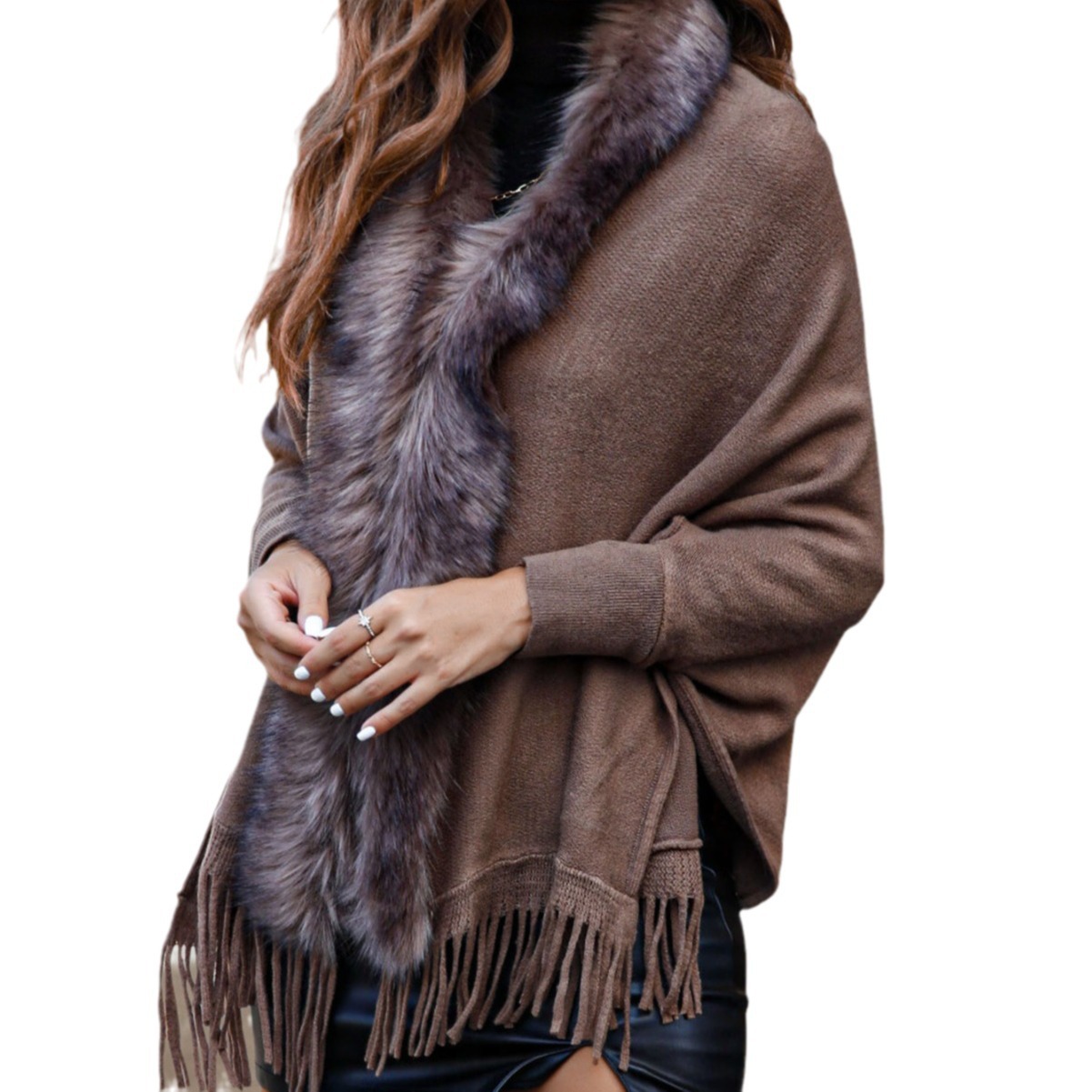 Cape Cardigan women's loose fur collar knitted fringed cape coat_voghion.com