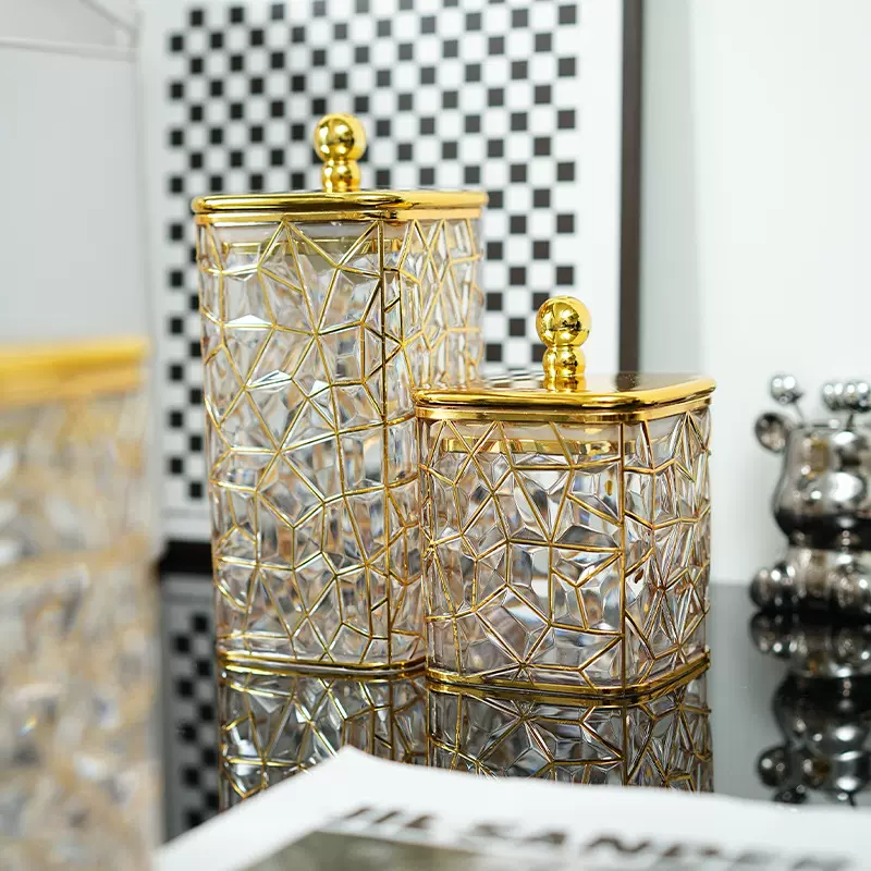 方形龟裂纹奶白带盖储物罐子杂粮零食密封罐子珠珠把手桌面收纳盒