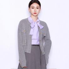 港米服饰/休闲宽松软糯羊毛针织开衫女春秋新款灰色毛衣