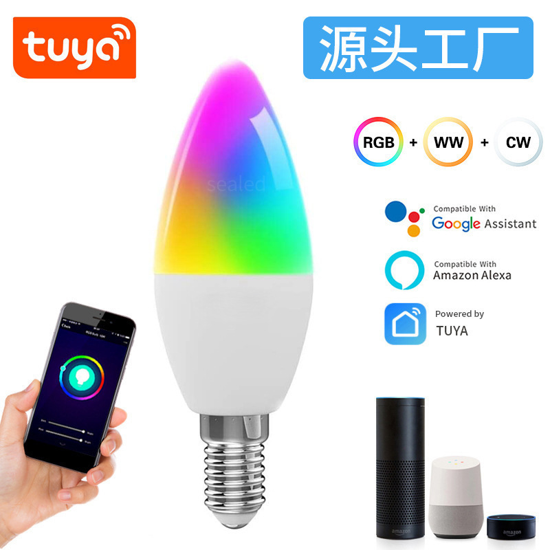 Cross-border graffiti smart candle bulb E14 support Alexa Google speaker RGBCW five-way TUYA sharp bubble light