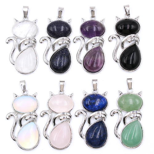 Natural Stone White Crystal Rose Quartz Amethyst Inlaid Cat Multi-color Pendant Cute Pet Necklace New Arrival for Foreign Trade