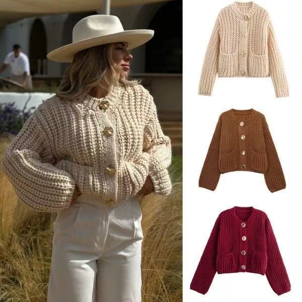 2025 New European and American Style Thick Needle Pocket Button Knitted Cardigan Autumn and Winter Women's Round Neck Ingot Sweater Jacket