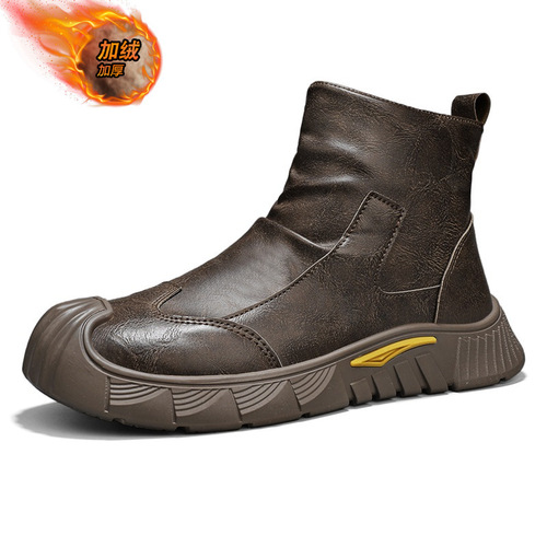 Men's Fall Retro British Leisure Mid-Top Leather Shoes Black Motorcycle Side Zip High-Top Work Boots