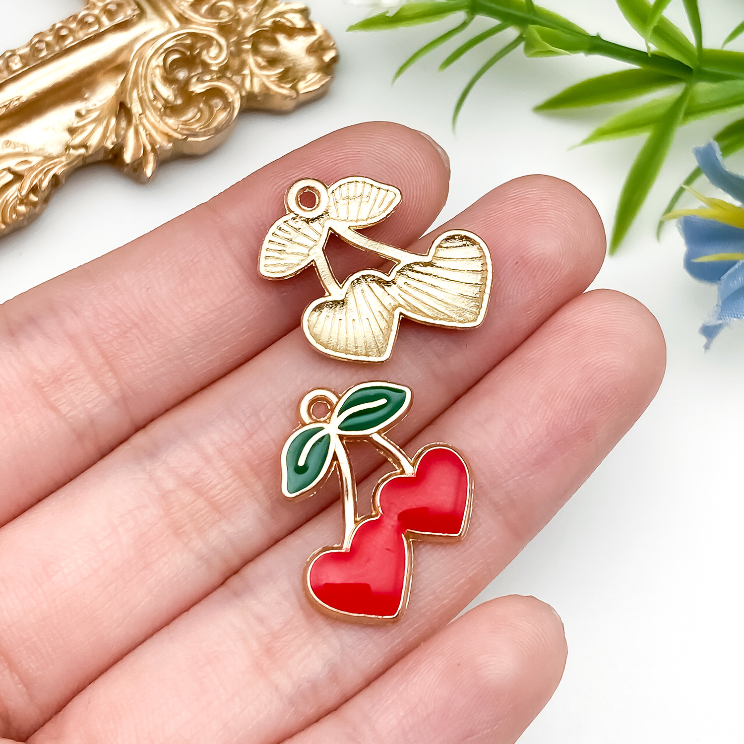 23387-DWY-kc金红色滴油锌合金水果爱心樱桃17x1