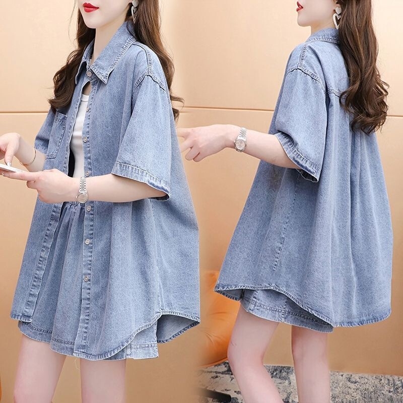 Denim Suit for Women, Short-Sleeved Shirt and Shorts, Plus Size Women's Clothing, Loose Fit for Middle-Aged Moms, Slimming Two-Piece Set