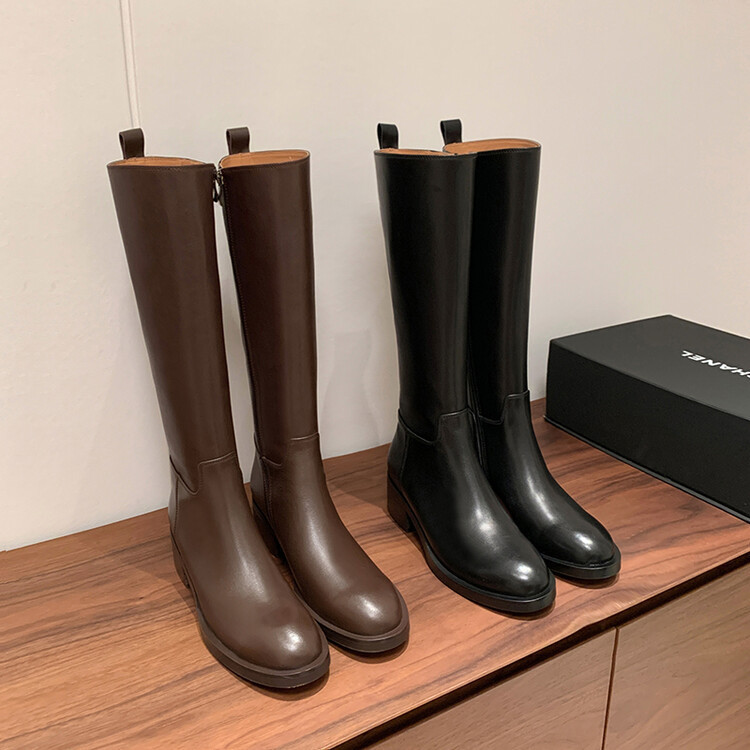 Cowhide Knight boots women's high boots autumn and winter new side zipper round toe thick mid heel knee straight boots women's boots Cowhide Knight boots women's high boots autumn and winter new side zipper round toe thick mid heel knee straight boots women's boots
