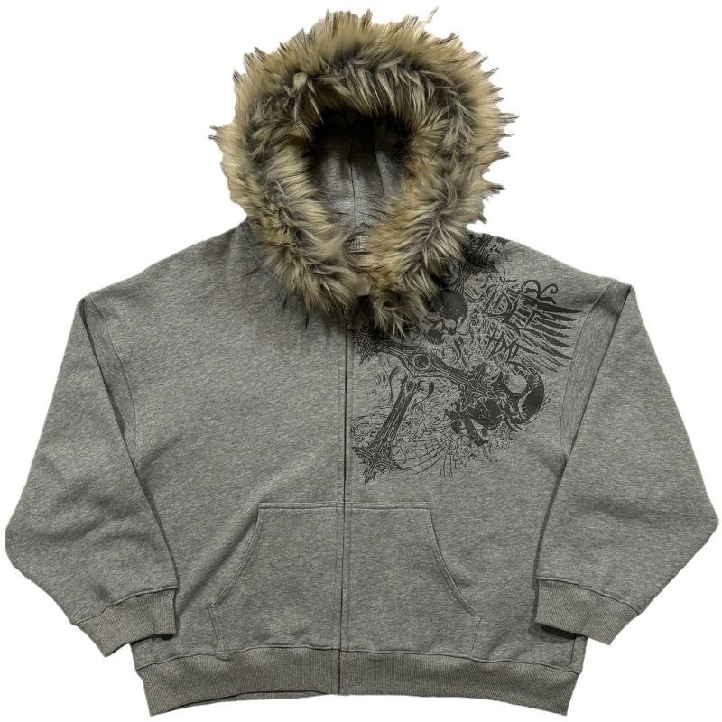 Y2K European and American style large fur collar hooded sweatshirt, long-sleeved printed pullover hoodie, vintage jacket, street fashion Y2K European and American style large fur collar hooded sweatshirt, long-sleeved printed pullover hoodie, vintage jacket, street fashion