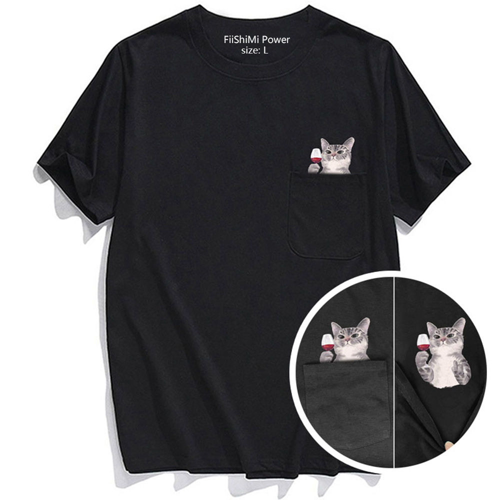 Pocket Short Sleeve Men's CLOOCLT T-shirt Cat T Brown Bear Middle Finger Printed Patch Bag Fun and Novelty Pet_voghion.com