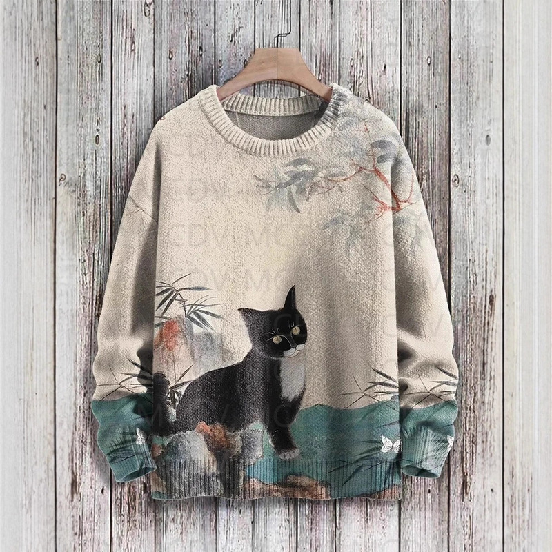 Vintage Japanese-Style Cat Art Print Casual Pullover Sweater with Thick Ribbed Knit and Faux Wool Vintage Japanese-Style Cat Art Print Casual Pullover Sweater with Thick Ribbed Knit and Faux Wool