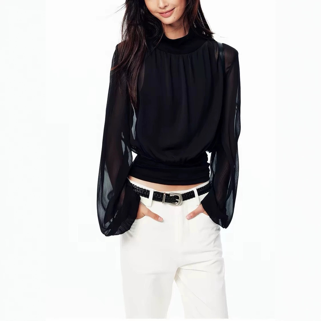 Yuzhi high-neck top with chiffon mesh trim, long sleeves, soft and flowing, perfect as a base layer.