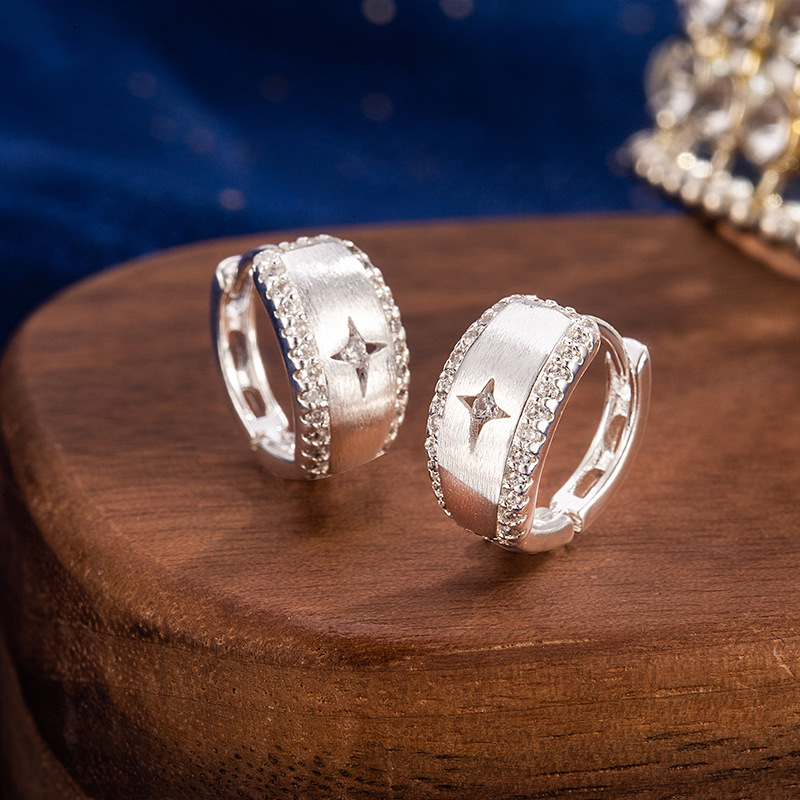 Exquisite Micro-Embellished Four-Pointed Star Brushed Earrings for Girls, Fashionable and Versatile Simple Earrings