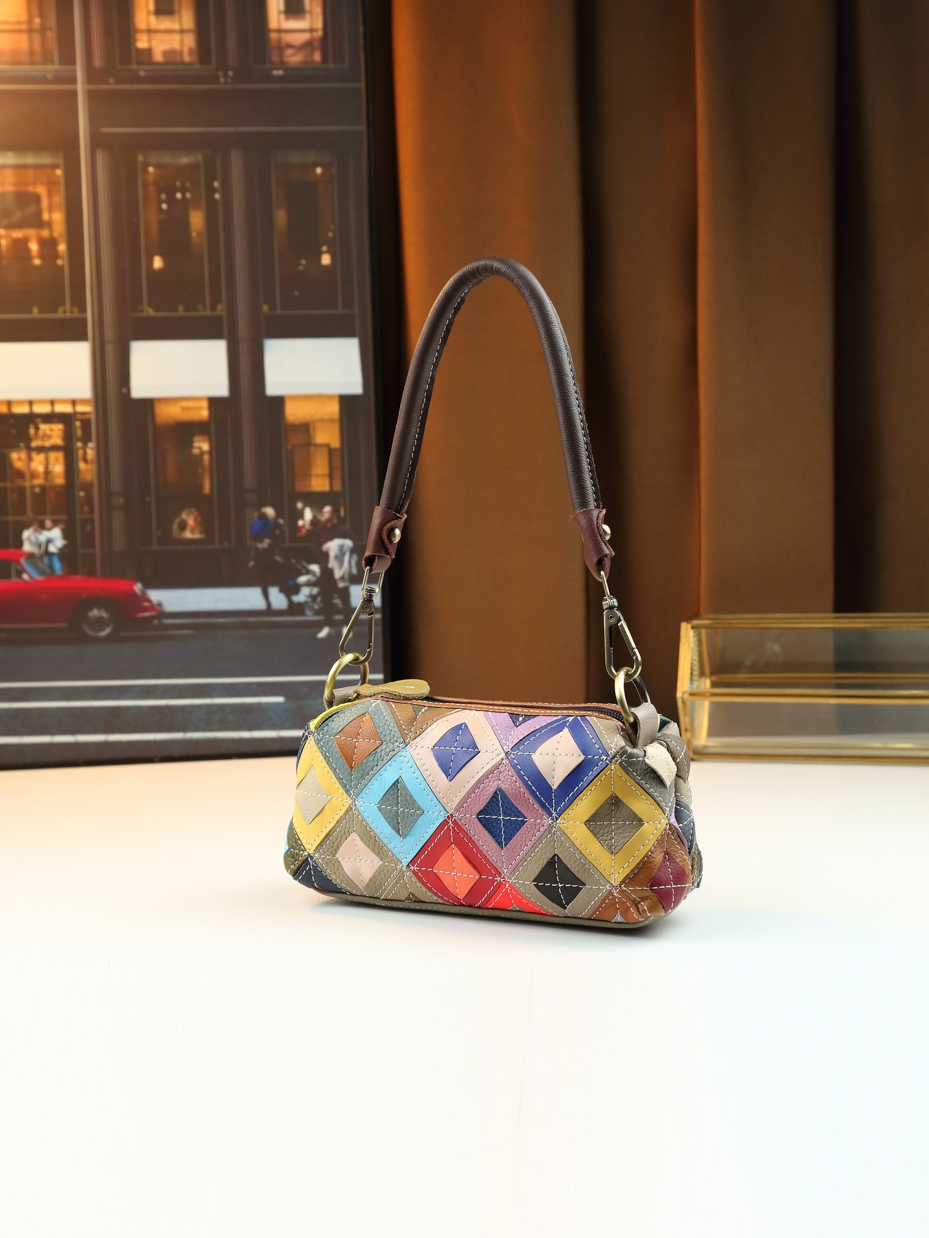 Women's Ethnic Style Colorful Plaid Leather Crossbody Shoulder Bag_voghion.com