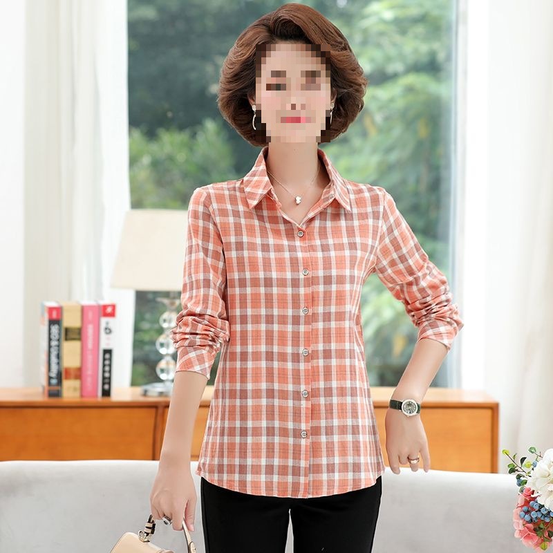 春秋大码格子衬衫女士洋气中袖上衣衬衣七分袖外穿中年妈妈装