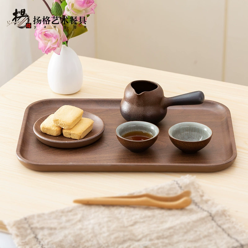 C25Z扬格胡桃木纹托盘日式家用客厅酒店餐具茶盘长方形圆盘果盘点