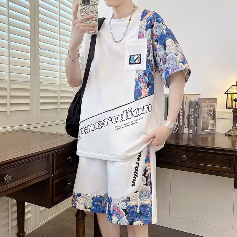 Camisa de manga corta ropa traje de verano de los Hombres Nuevo personalizado impreso de moda estilo de Hong Kong suelta juventud media manga