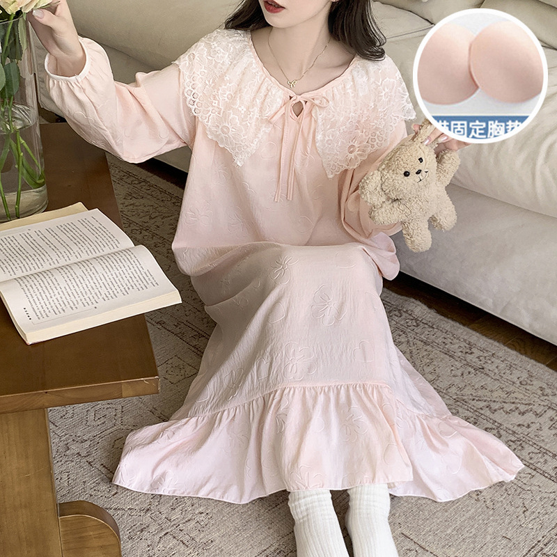 云朵棉睡裙女2025新款春秋季甜美长袖睡衣带胸垫一体家居服可外穿|undefined