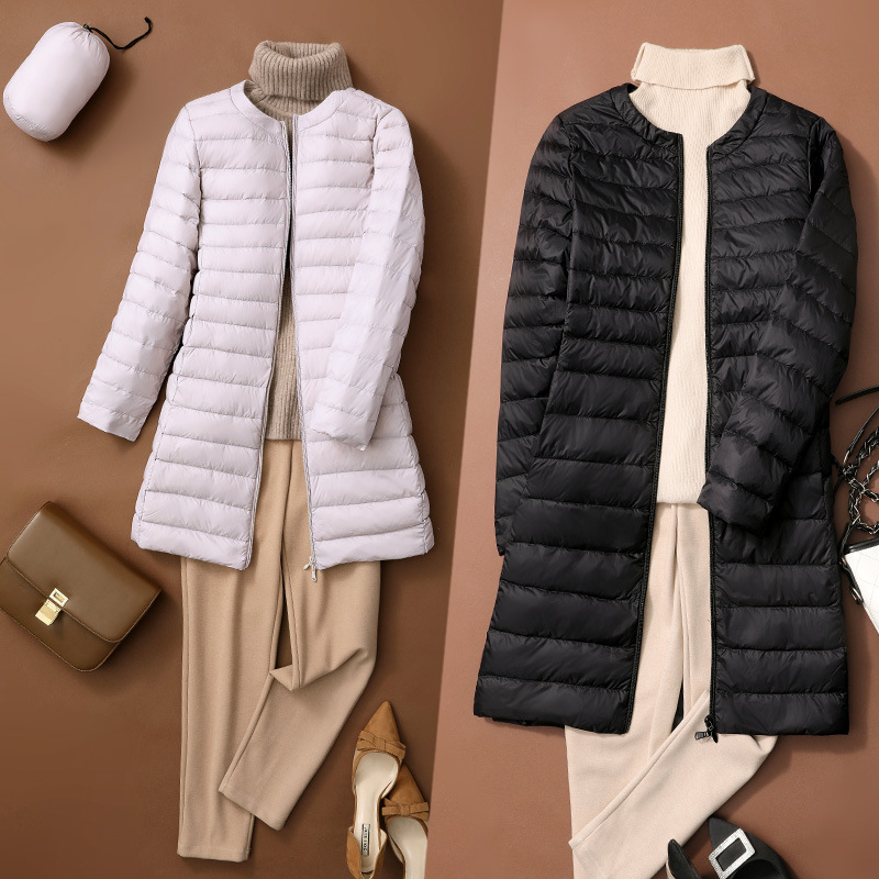 Pinghu Cross-Border Lightweight down Jacket for Women, Mid-Length, New Autumn and Winter Style, Round Neck, Long Korean-Style Coat Without Collar, with Inner Lining Pinghu Cross-Border Lightweight down Jacket for Women, Mid-Length, New Autumn and Winter Style, Round Neck, Long Korean-Style Coat Without Collar, with Inner Lining