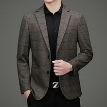 格子简约休闲男士西装秋冬新款中年商务时尚百搭单件西服外套男装