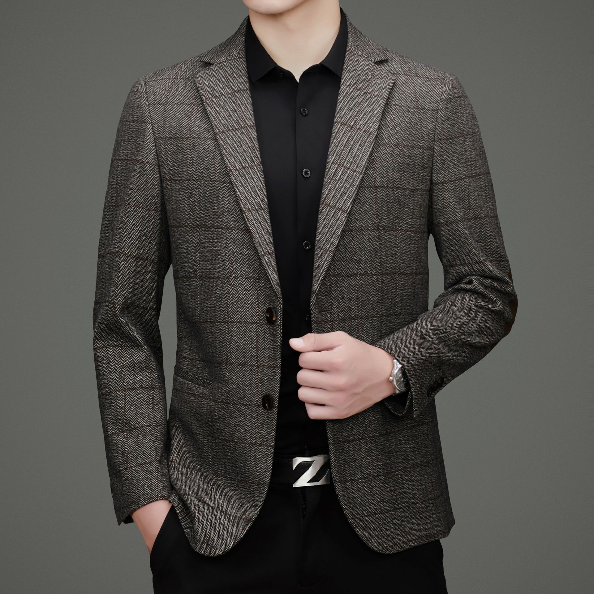 格子简约休闲男士西装秋冬新款中年商务时尚百搭单件西服外套男装