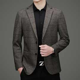 格子简约休闲男士西装秋冬新款中年商务时尚百搭单件西服外套男装