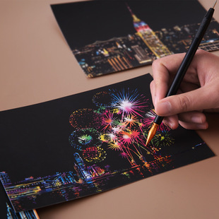 A5 postcard night scrape painting city landscape architecture scrape painting Children DIY handmade environmental protection scraping paper
