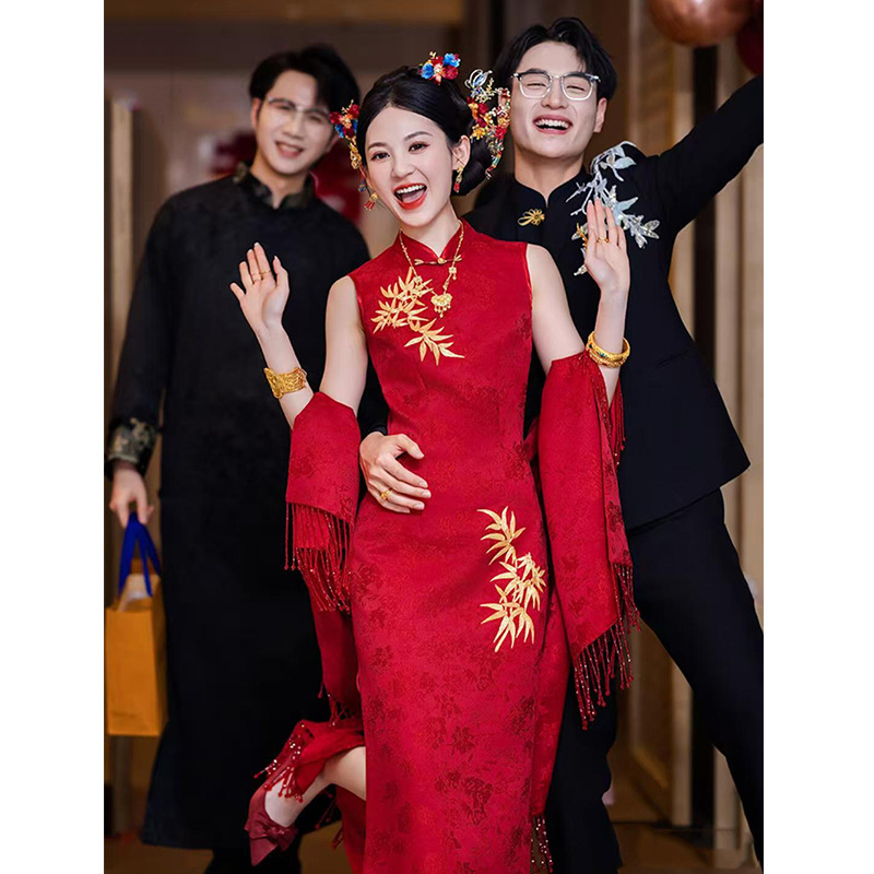 New Chinese-Style Cheongsam Toast Dress 2026 New Wedding Morning Gown for Women Bride Engagement Dress Wedding Banquet Shawl Set