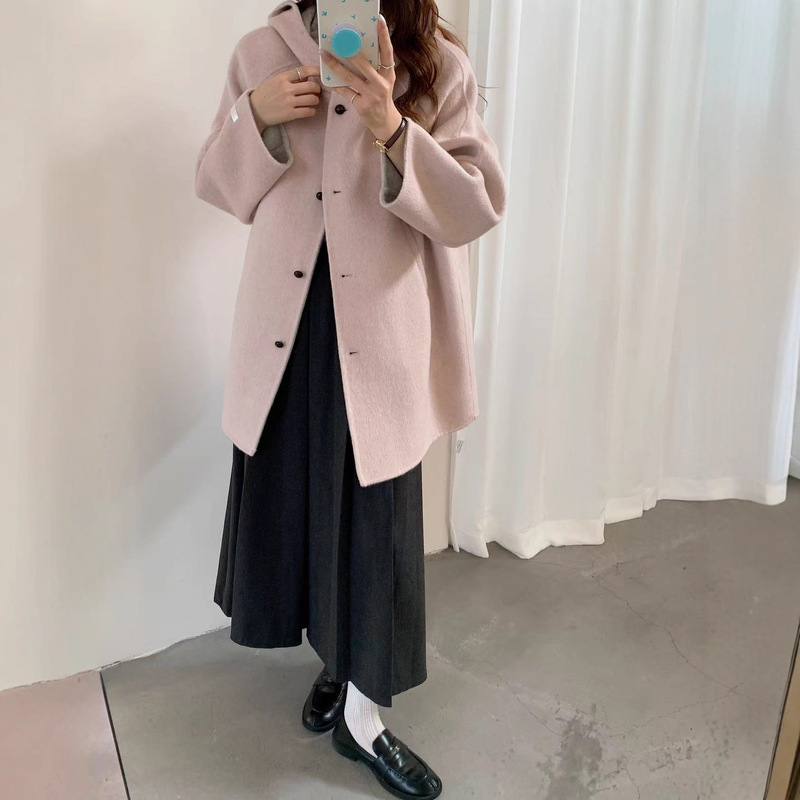 双面羊绒大衣女2025秋冬新款韩版连帽小个子百搭中长款羊毛呢外套|undefined