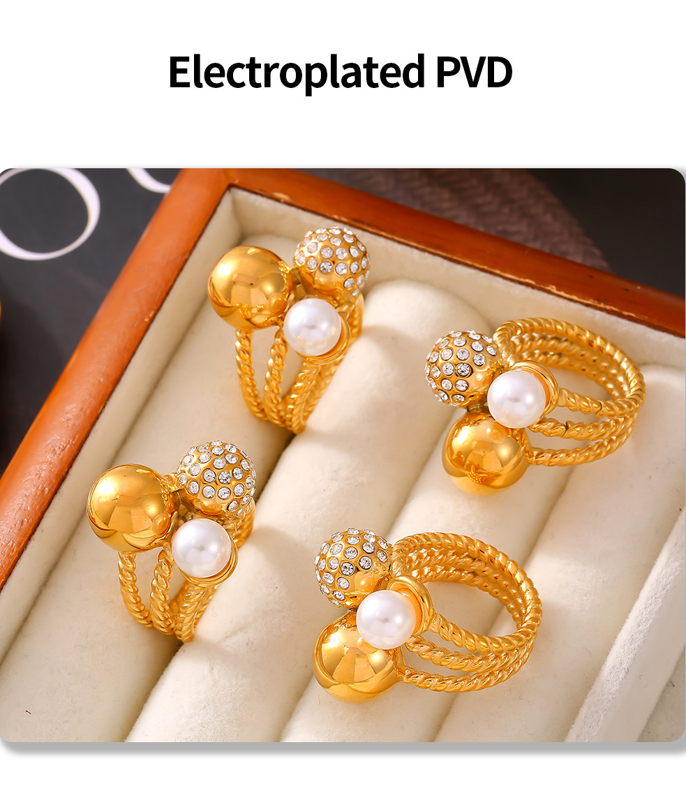 Imitation Pearl Retro Czech Diamond Round Bead Ring Titanium Steel Light Luxury Temperament Versatile Ring_voghion.com