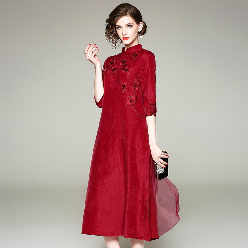 Chinese Style Dress for Women, Spring and Autumn, Stand Collar, Organza Embroidery, Improved Version of Qipao, Elegant Tea Dress, Long Pants and Skirt Chinese Style Dress for Women, Spring and Autumn, Stand Collar, Organza Embroidery, Improved Version of Qipao, Elegant Tea Dress, Long Pants and Skirt