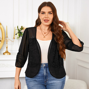 2025 European and American Cross-Border Summer Thin Lace Splicing Sun Protection Chiffon Plus Size Women's Elegant Cardigan Top Accessible Luxury