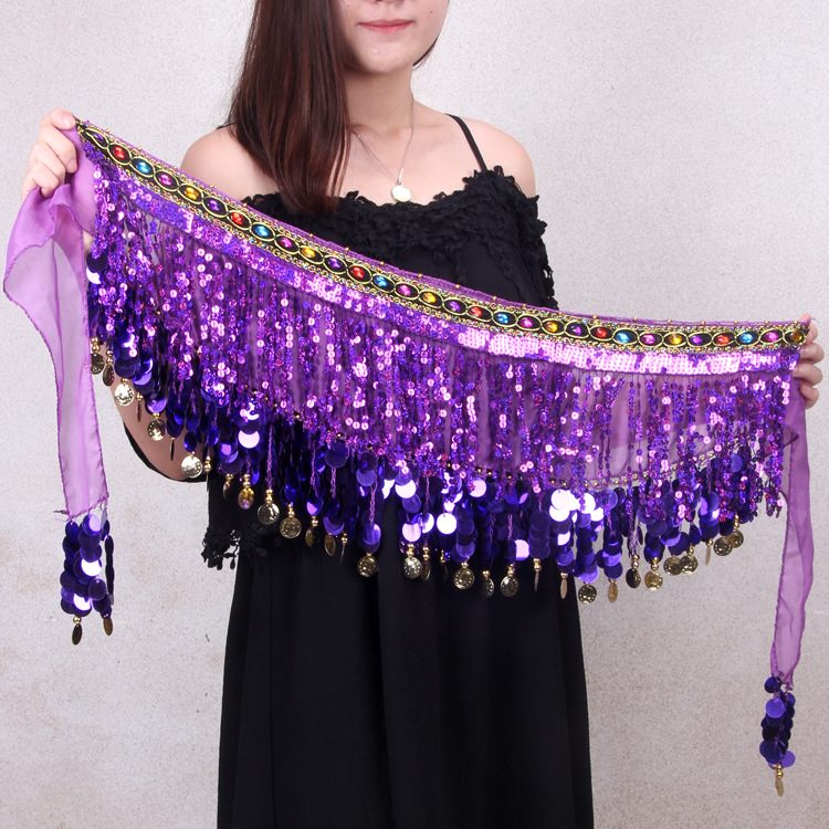 New Belly Dance Waist Chain Hip Scarf for Beginners Sequined Tassel Waist Scarf Indian Dance Performance Belt Practice Girdle