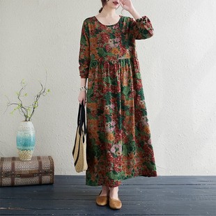 Cross-border Foreign Trade plus size Women's Clothing New Holiday Style Travel Crewneck Retro Long Dress Covering Meat Cotton Linen Floral dress