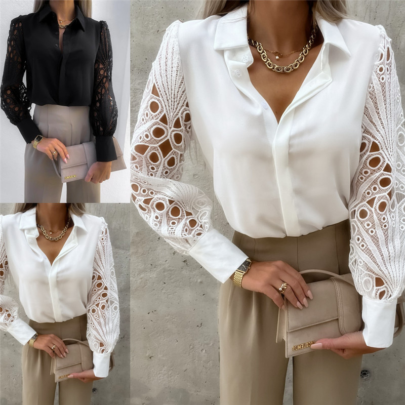 Long Sleeve Sleeve Length Wholesale Women'S Fashion Solid Color Long Sleeve Lace Blouses