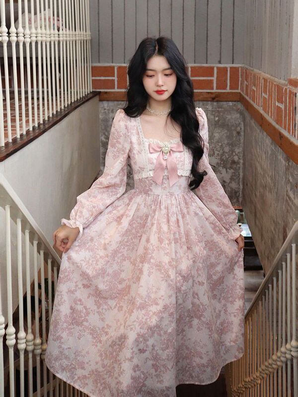 French Sweet Floral Long-Sleeved Dress for Women in Autum, High-End Elegant Long Skirt, Waist-Cinching, Gentle Fairy Skirt French Sweet Floral Long-Sleeved Dress for Women in Autum, High-End Elegant Long Skirt, Waist-Cinching, Gentle Fairy Skirt