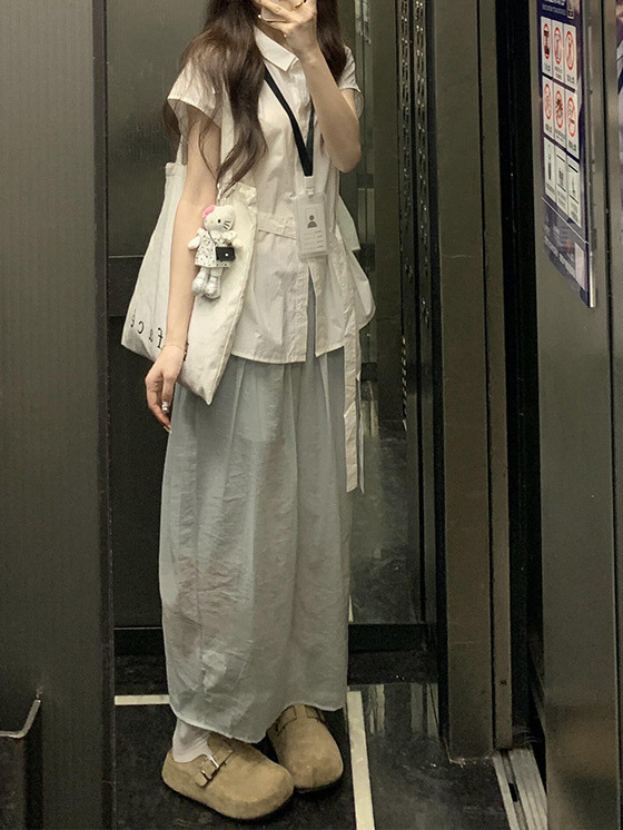 韩系气质polo领绑带白色短袖衬衫女夏季收腰显瘦设计简约百搭上衣|undefined