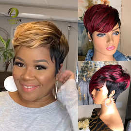 金色/酒红色刘海短直发pixie cut human hair wig机制真人发头套