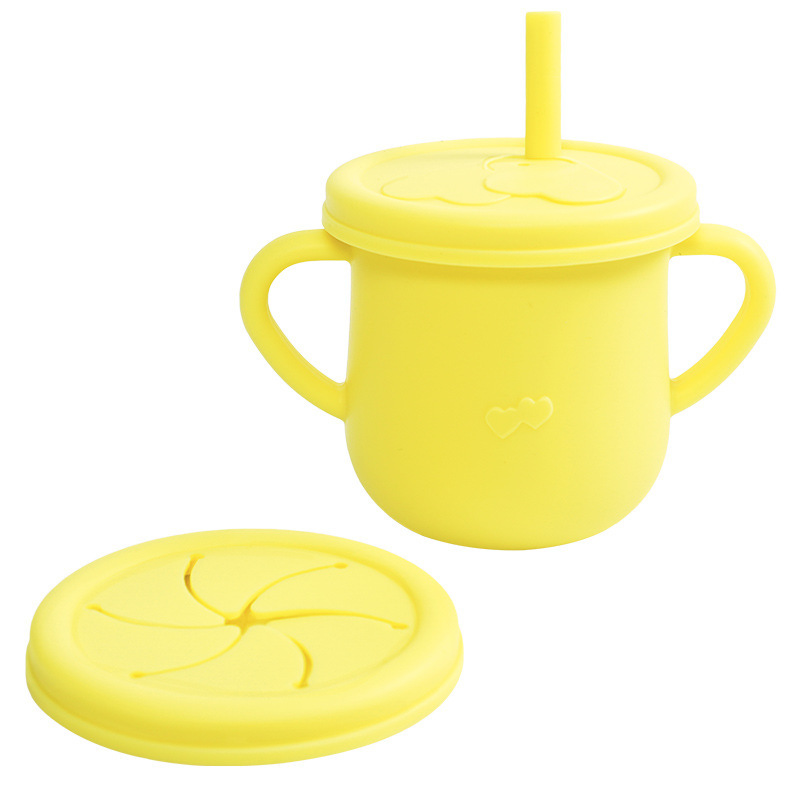 Vaso de aprendizaje para bebés con doble asa, vajilla para niños, vaso con pajita de silicona, vaso para refrigerios, vaso para agua con escala, vaso con doble tapa