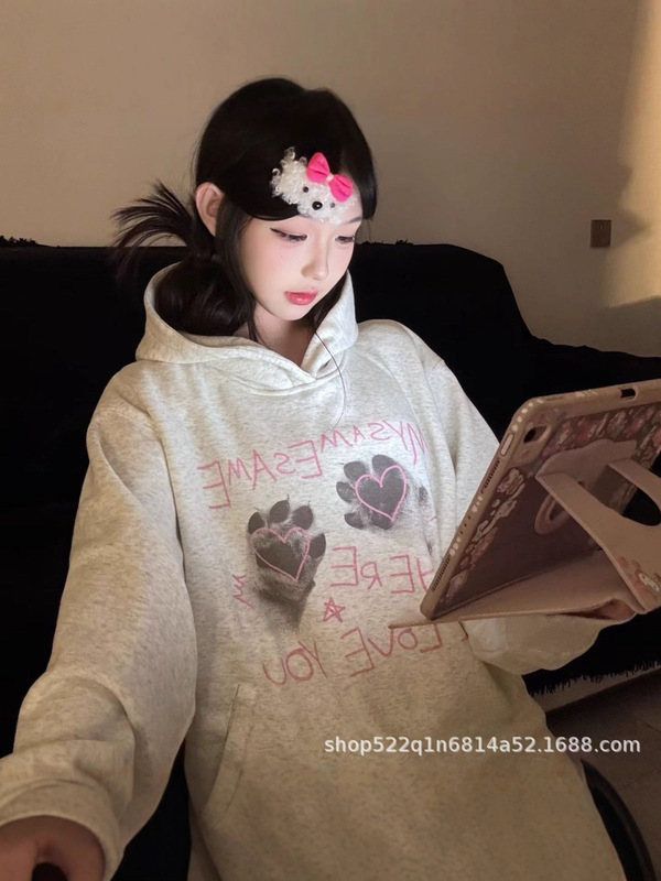 跨境华棉秋冬季休闲印图长袖卫衣女宽松舒适无绳连帽卫衣上衣批发|undefined