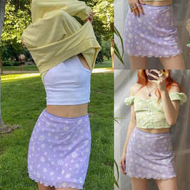 ebay女装半身裙新款蕾丝花边紫色花朵印花短裙性感包臀裙女SU2541