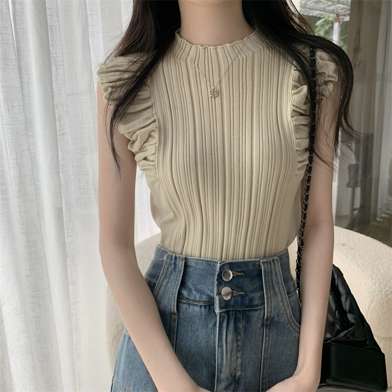 Pleated Sleeveless Ice Silk Knitted Sweater Women's Summer French Style Retro Design Sense Slim-fit Slim-fit Short Round Neck Top Apricot