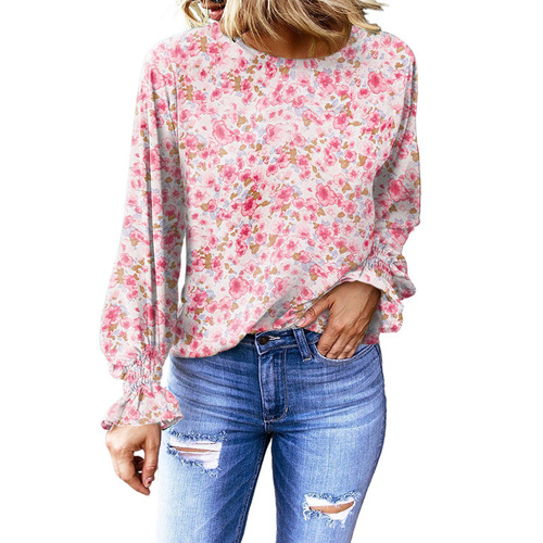 2025 Autumn Women's European and American Fashion Amazon Foreign Trade Cross-border New Floral Round Neck Blouse Women Lantern Sleeve Top
