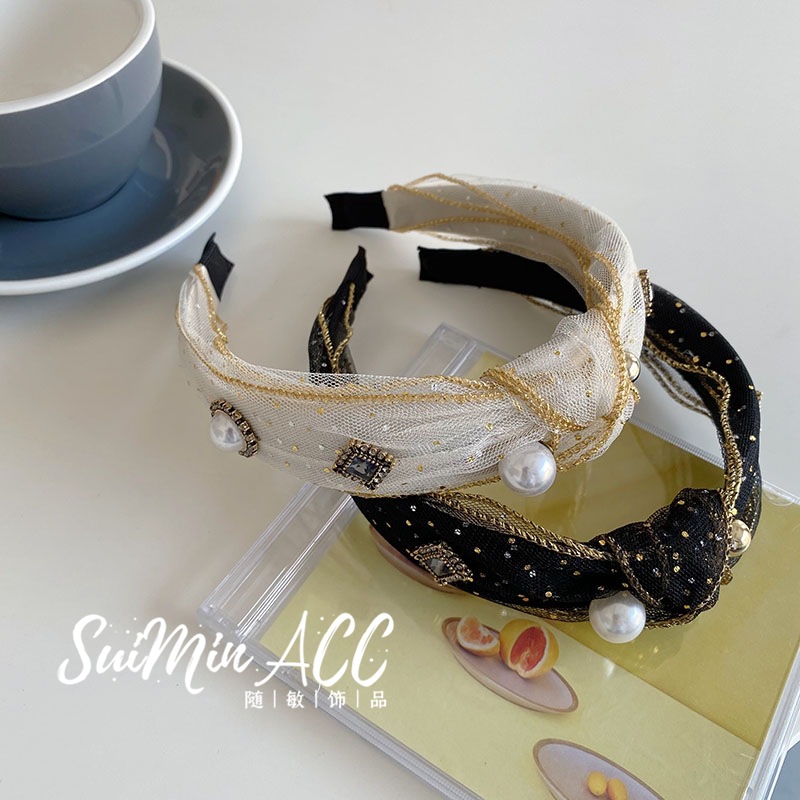 Estilo coreano retro bronceado diadema anudada malla diamante incrustado diadema de ala ancha Retro lavado de cara Paquete de cabello grutas de cabello accesorios para el cabello