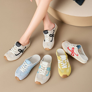 Big Mi Wang Yibo with Genuine Leather Baotou Dexun Half Slippers Women's Outer Wear Crooked Head One Pedal Lazy Casual Shoes