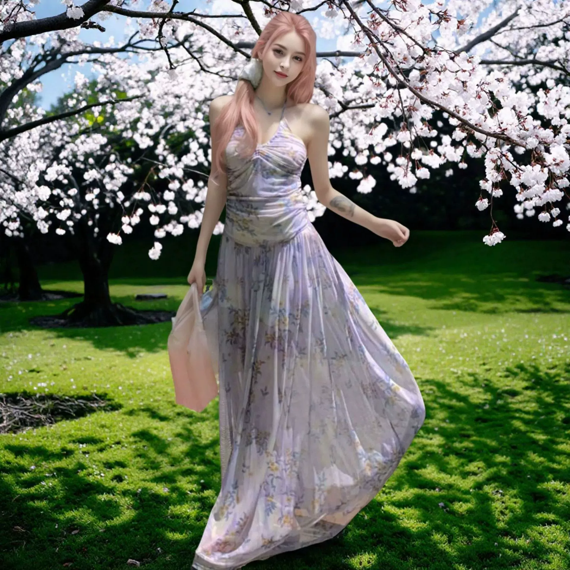 Новое платье в стиле курортного отдыха 2025 года, с открытой спиной, на бретелях, с плиссированной цветочной талией и длинной юбкой, модный дизайн для трансграничных поездок.